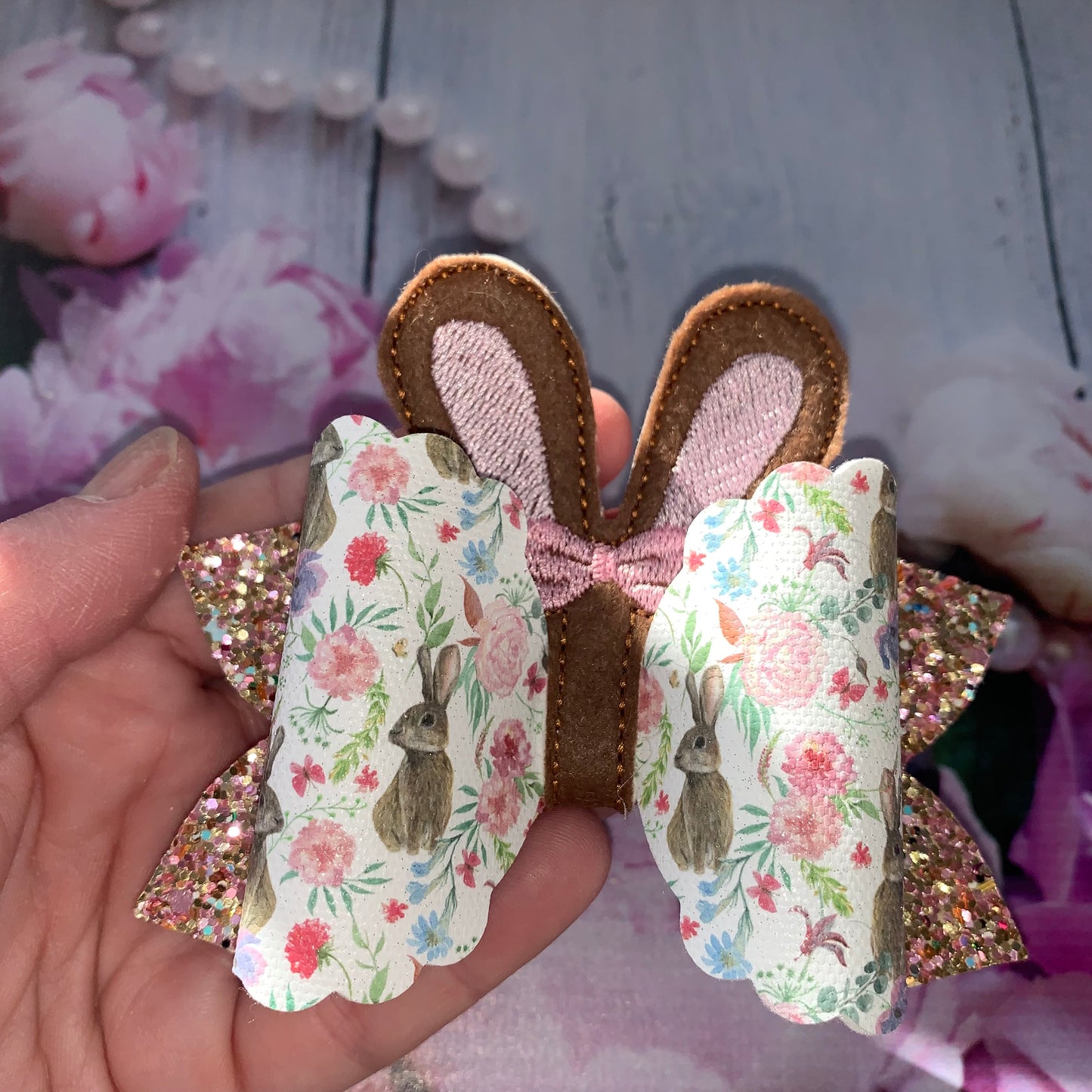 Brown embroidered ear bunny Easter bow