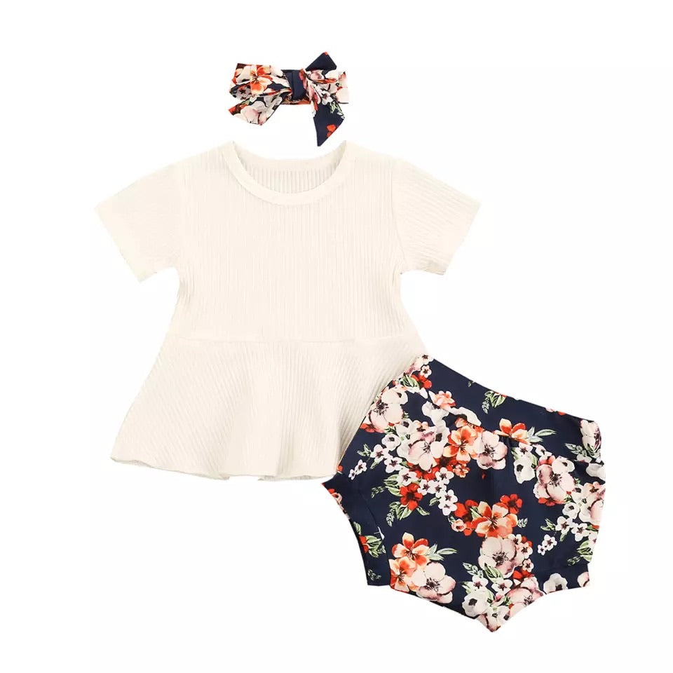 Personalised 3 piece girls navy floral short set.